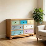 LIVARA 135cm 7-Drawer Storage Cabinet - Vintage Colour Block Design with Solid Wood Handles for Living Room & Bedroom - Teal & Multi