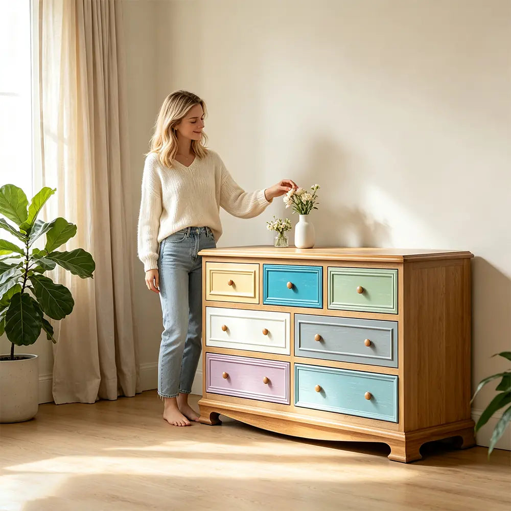 LIVARA 135cm 7-Drawer Storage Cabinet - Vintage Colour Block Design with Solid Wood Handles for Living Room & Bedroom - Teal & Multi