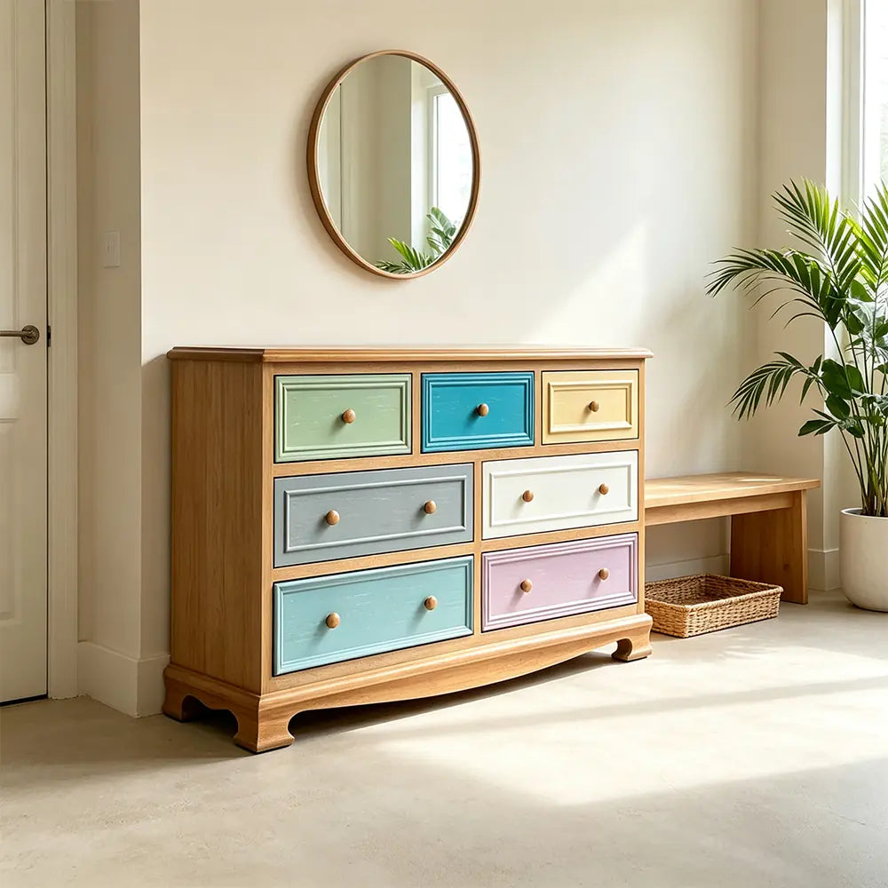 LIVARA 135cm 7-Drawer Storage Cabinet - Vintage Colour Block Design with Solid Wood Handles for Living Room & Bedroom - Teal & Multi