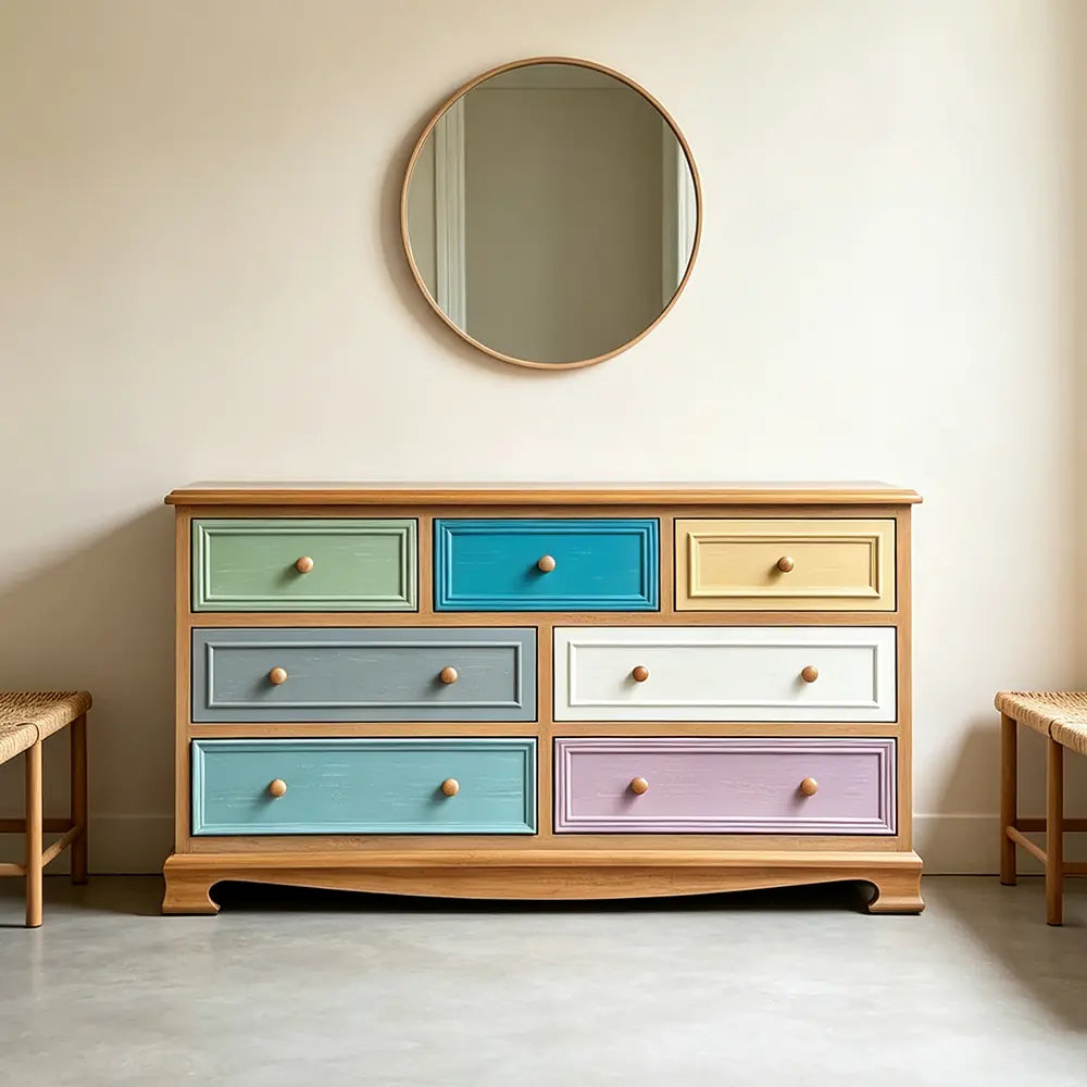 LIVARA 135cm 7-Drawer Storage Cabinet - Vintage Colour Block Design with Solid Wood Handles for Living Room & Bedroom - Teal & Multi