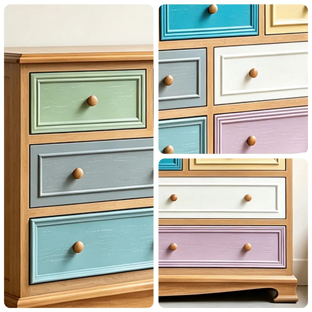 LIVARA 135cm 7-Drawer Storage Cabinet - Vintage Colour Block Design with Solid Wood Handles for Living Room & Bedroom - Teal & Multi