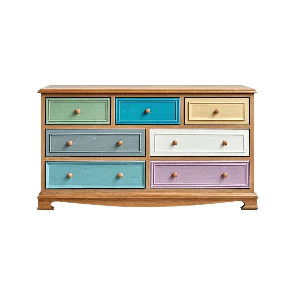 LIVARA 135cm 7-Drawer Storage Cabinet - Vintage Colour Block Design with Solid Wood Handles for Living Room & Bedroom - Teal & Multi