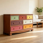 LIVARA 135cm 7-Drawer Storage Cabinet - Vintage Colour Block Design with Solid Wood Handles for Living Room & Bedroom - Wood