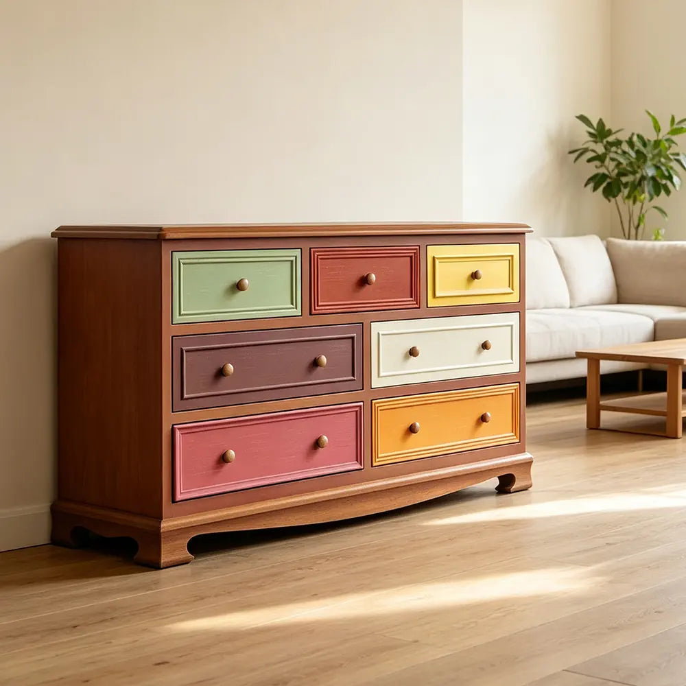 LIVARA 135cm 7-Drawer Storage Cabinet - Vintage Colour Block Design with Solid Wood Handles for Living Room & Bedroom - Wood