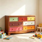 LIVARA 135cm 7-Drawer Storage Cabinet - Vintage Colour Block Design with Solid Wood Handles for Living Room & Bedroom - Wood