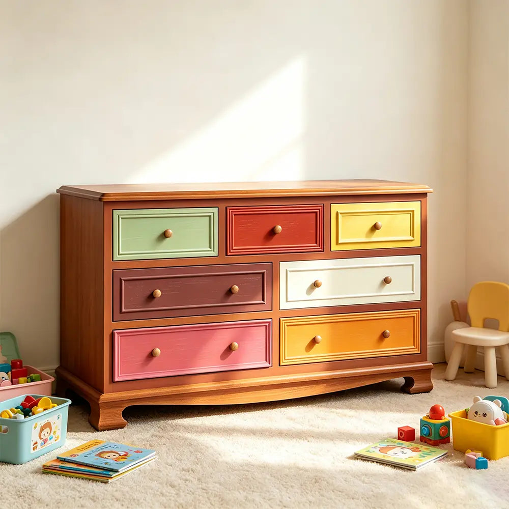 LIVARA 135cm 7-Drawer Storage Cabinet - Vintage Colour Block Design with Solid Wood Handles for Living Room & Bedroom - Wood
