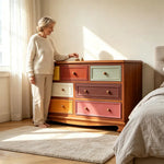 LIVARA 135cm 7-Drawer Storage Cabinet - Vintage Colour Block Design with Solid Wood Handles for Living Room & Bedroom - Wood