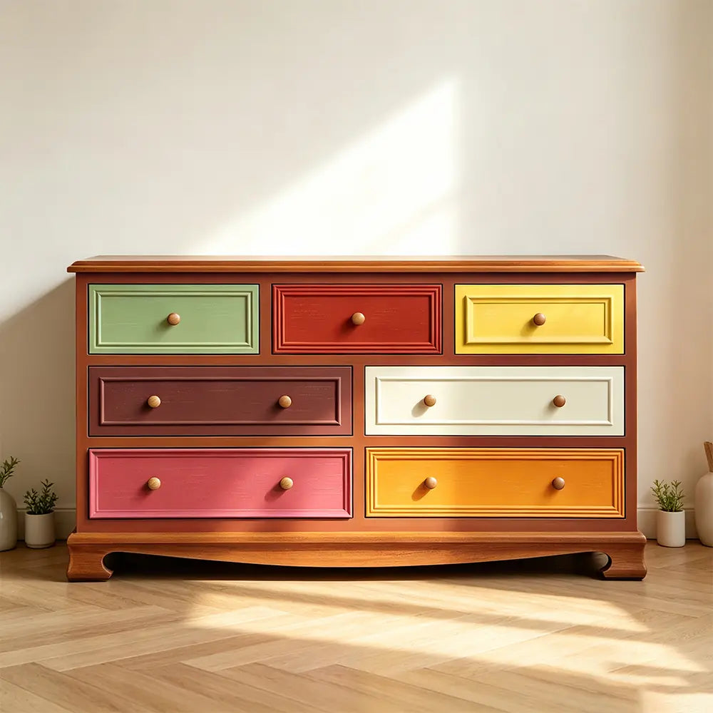 LIVARA 135cm 7-Drawer Storage Cabinet - Vintage Colour Block Design with Solid Wood Handles for Living Room & Bedroom - Wood