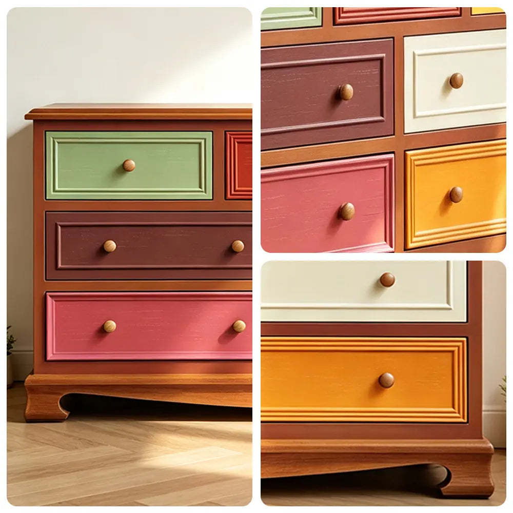 LIVARA 135cm 7-Drawer Storage Cabinet - Vintage Colour Block Design with Solid Wood Handles for Living Room & Bedroom - Wood