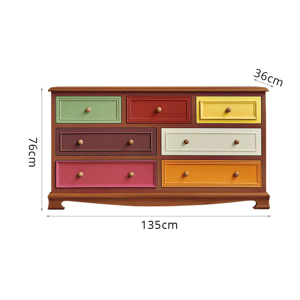 LIVARA 135cm 7-Drawer Storage Cabinet - Vintage Colour Block Design with Solid Wood Handles for Living Room & Bedroom - Wood
