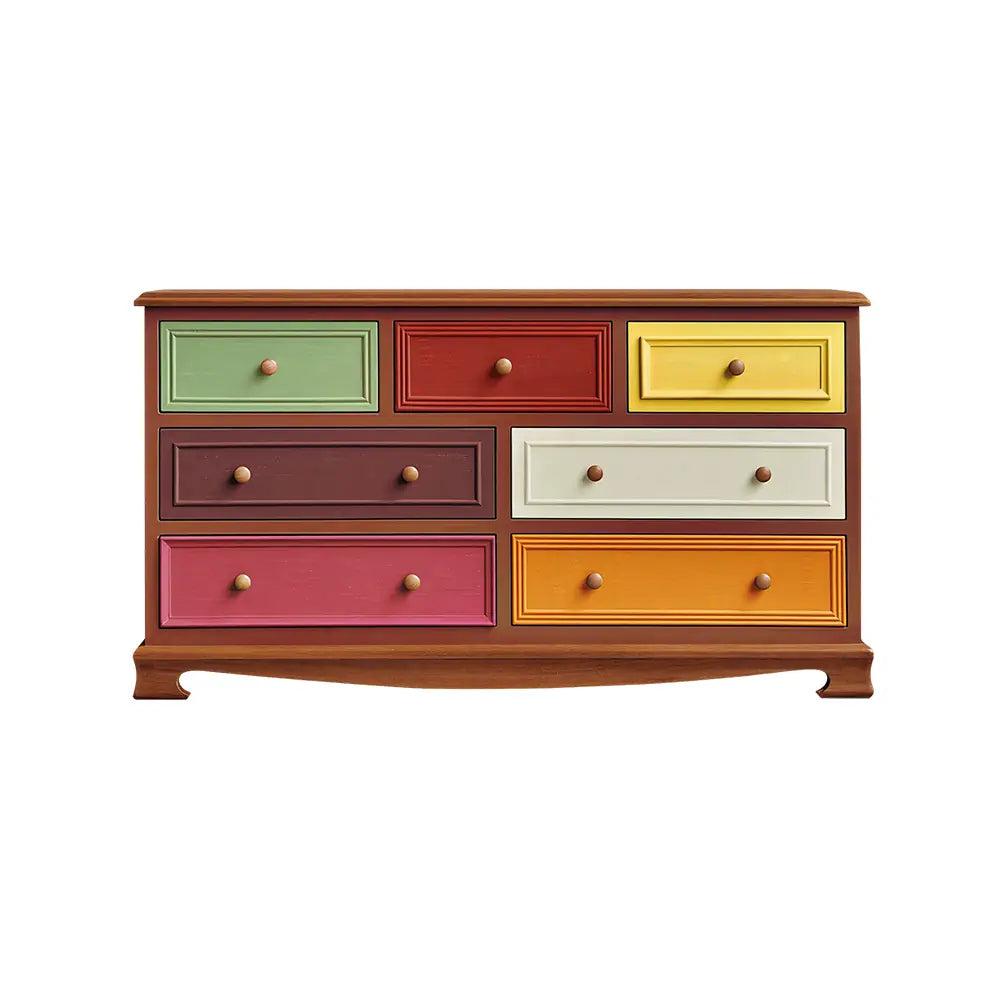 LIVARA 135cm 7-Drawer Storage Cabinet - Vintage Colour Block Design with Solid Wood Handles for Living Room & Bedroom - Wood