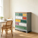 LIVARA 86cm 10-Drawer Storage Cabinet - Vintage Colour Block Design with Solid Wood Handles for Living Room & Bedroom - Teal & Multi