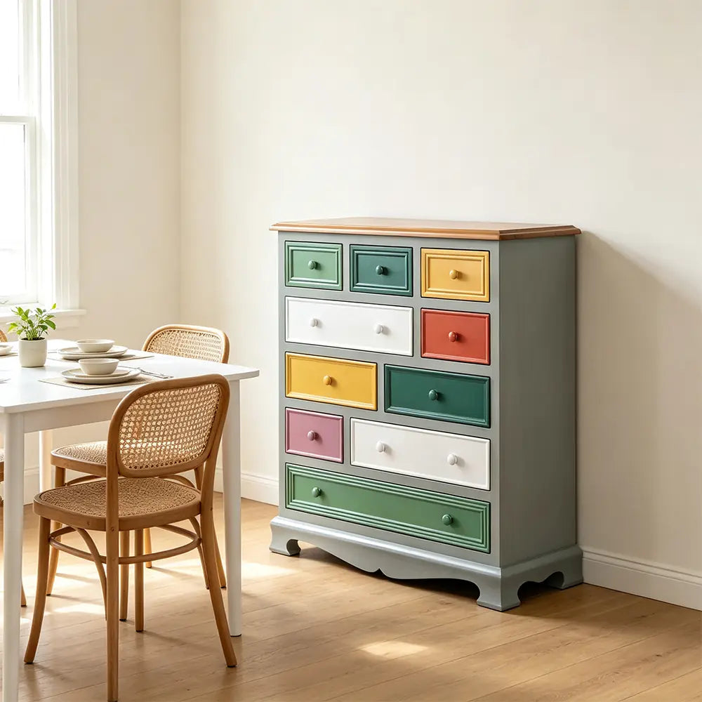 LIVARA 86cm 10-Drawer Storage Cabinet - Vintage Colour Block Design with Solid Wood Handles for Living Room & Bedroom - Teal & Multi
