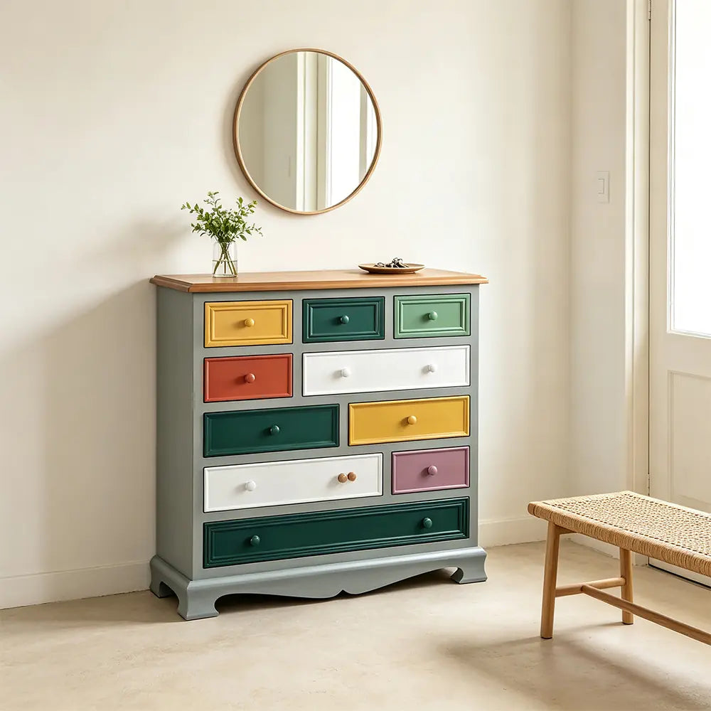 LIVARA 86cm 10-Drawer Storage Cabinet - Vintage Colour Block Design with Solid Wood Handles for Living Room & Bedroom - Teal & Multi