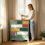 LIVARA 86cm 10-Drawer Storage Cabinet - Vintage Colour Block Design with Solid Wood Handles for Living Room & Bedroom - Teal & Multi