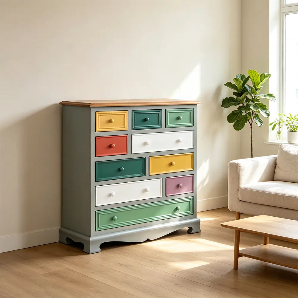 LIVARA 86cm 10-Drawer Storage Cabinet - Vintage Colour Block Design with Solid Wood Handles for Living Room & Bedroom - Teal & Multi