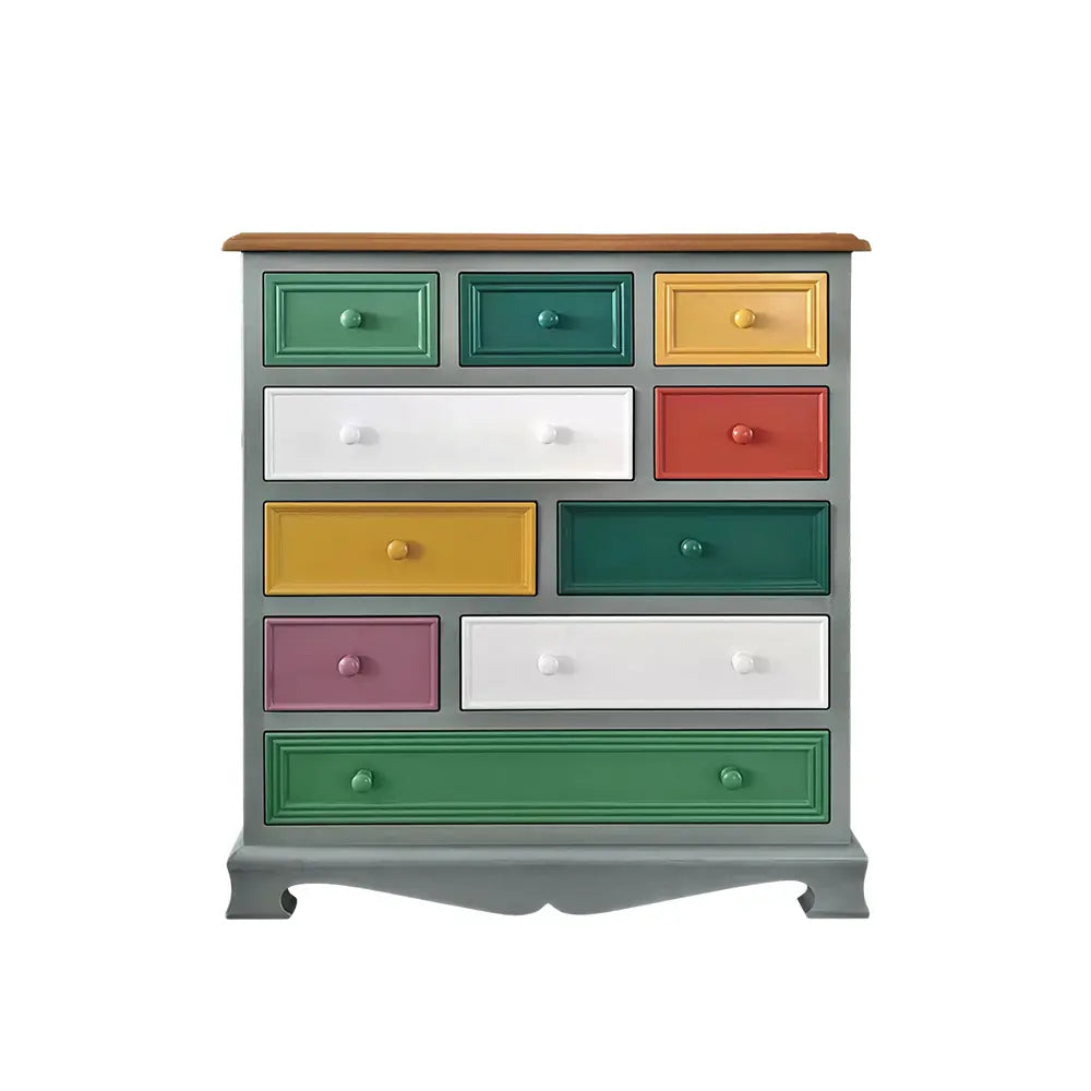 LIVARA 86cm 10-Drawer Storage Cabinet - Vintage Colour Block Design with Solid Wood Handles for Living Room & Bedroom - Teal & Multi