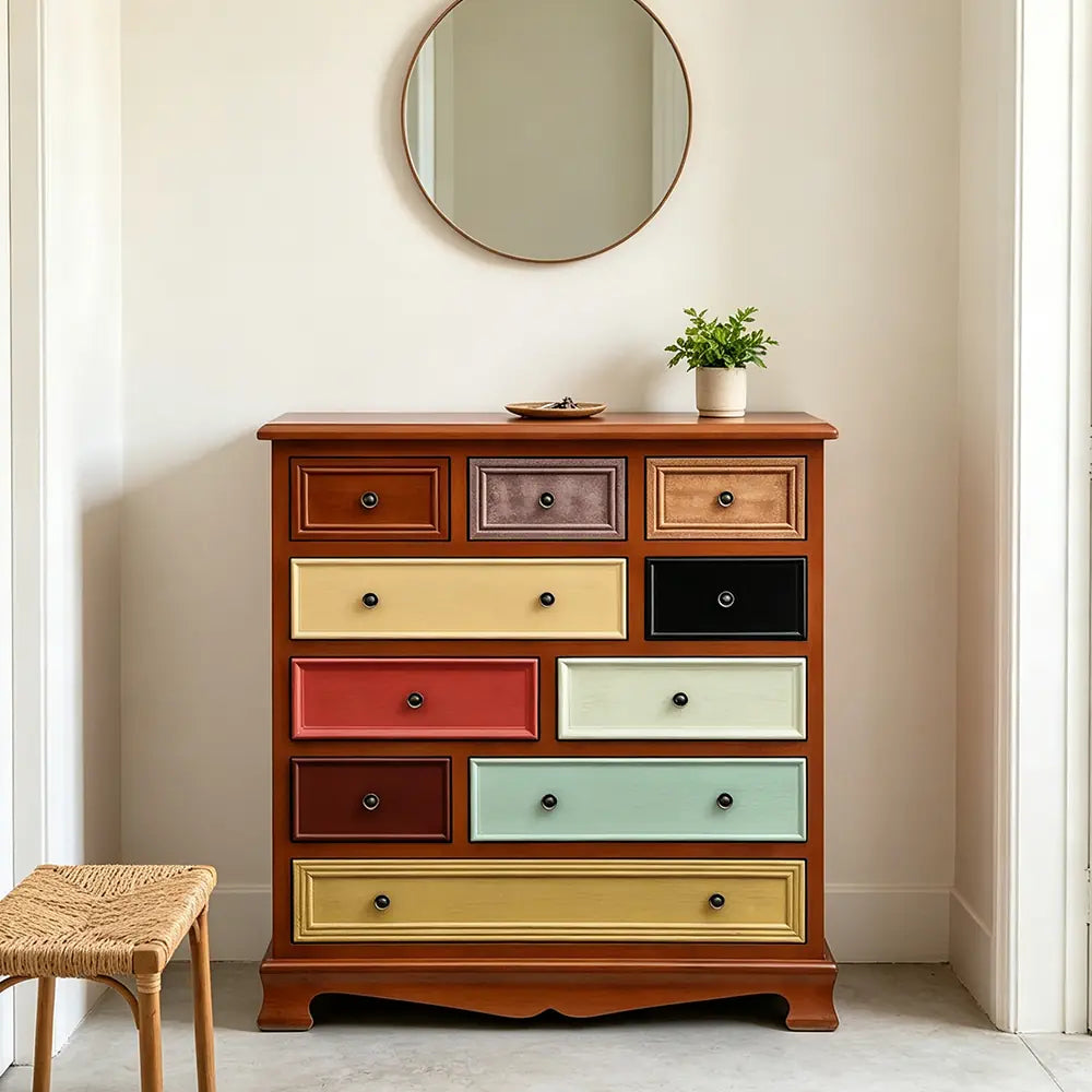 LIVARA 86cm 10-Drawer Storage Cabinet - Vintage Colour Block Design with Solid Wood Handles for Living Room & Bedroom - Wood