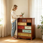 LIVARA 86cm 10-Drawer Storage Cabinet - Vintage Colour Block Design with Solid Wood Handles for Living Room & Bedroom - Wood