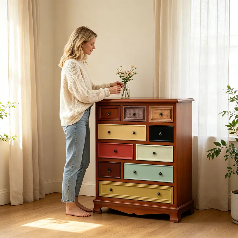 LIVARA 86cm 10-Drawer Storage Cabinet - Vintage Colour Block Design with Solid Wood Handles for Living Room & Bedroom - Wood