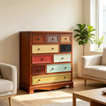 LIVARA 86cm 10-Drawer Storage Cabinet - Vintage Colour Block Design with Solid Wood Handles for Living Room & Bedroom - Wood