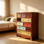 LIVARA 86cm 10-Drawer Storage Cabinet - Vintage Colour Block Design with Solid Wood Handles for Living Room & Bedroom - Wood