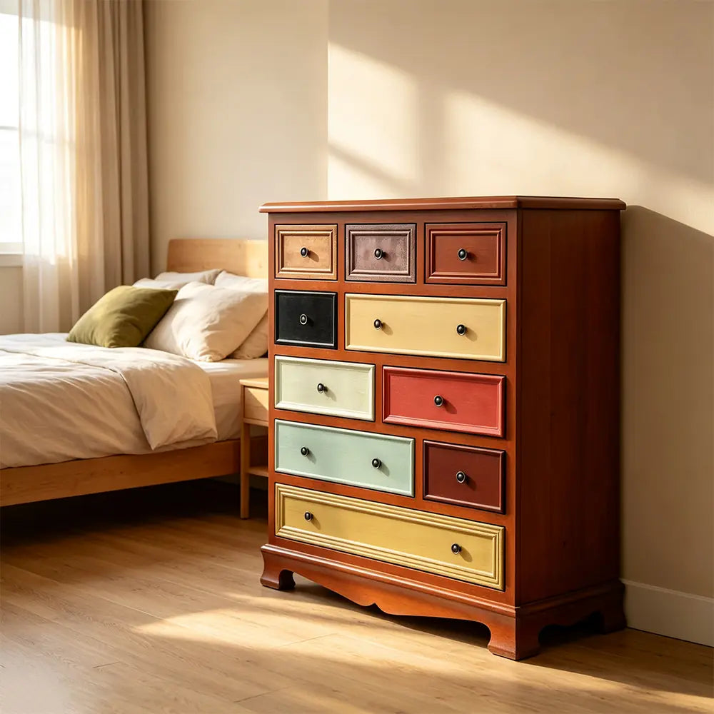 LIVARA 86cm 10-Drawer Storage Cabinet - Vintage Colour Block Design with Solid Wood Handles for Living Room & Bedroom - Wood