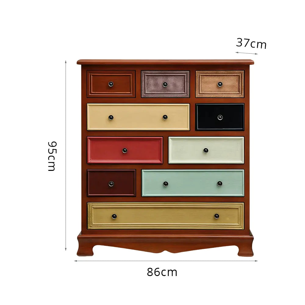 LIVARA 86cm 10-Drawer Storage Cabinet - Vintage Colour Block Design with Solid Wood Handles for Living Room & Bedroom - Wood