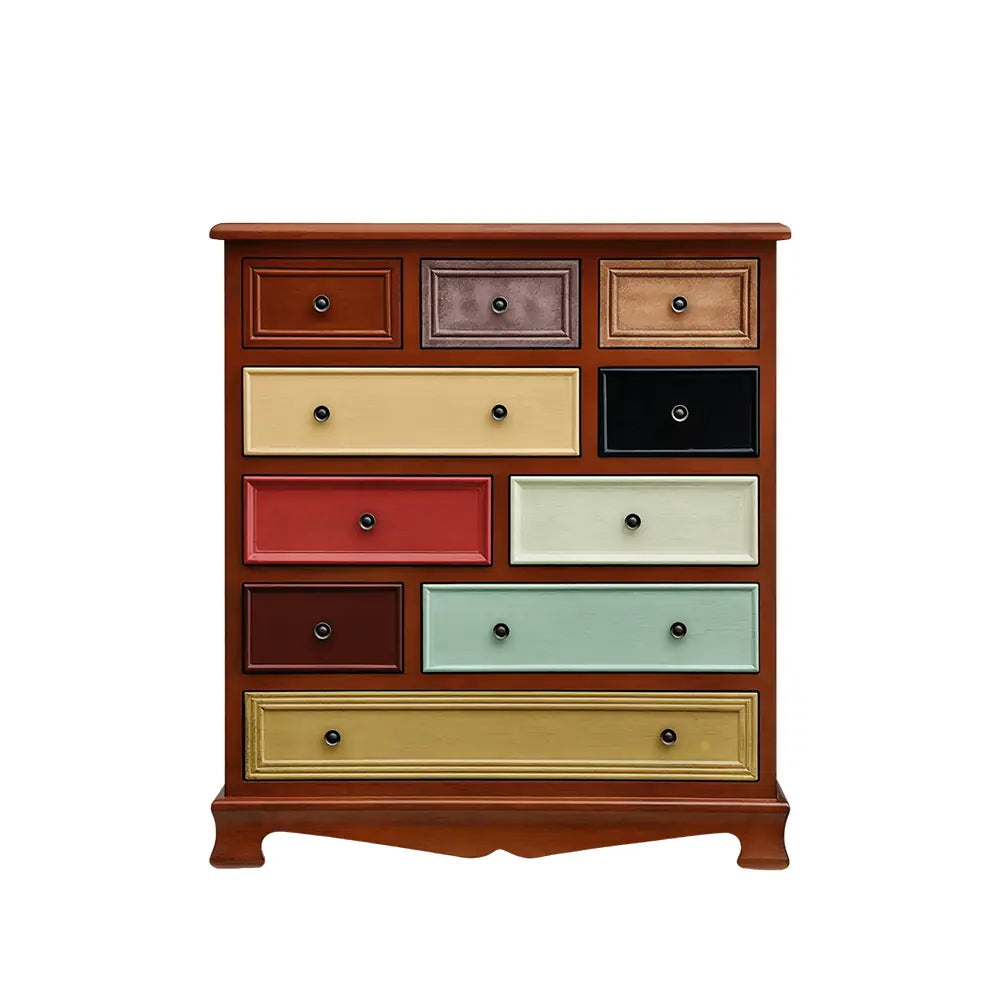 LIVARA 86cm 10-Drawer Storage Cabinet - Vintage Colour Block Design with Solid Wood Handles for Living Room & Bedroom - Wood