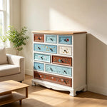 LIVARA 86cm 10-Drawer Storage Cabinet - Vintage Colour Block Design with Solid Wood Handles for Living Room & Bedroom - White & Multi