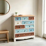 LIVARA 86cm 10-Drawer Storage Cabinet - Vintage Colour Block Design with Solid Wood Handles for Living Room & Bedroom - White & Multi