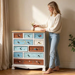 LIVARA 86cm 10-Drawer Storage Cabinet - Vintage Colour Block Design with Solid Wood Handles for Living Room & Bedroom - White & Multi