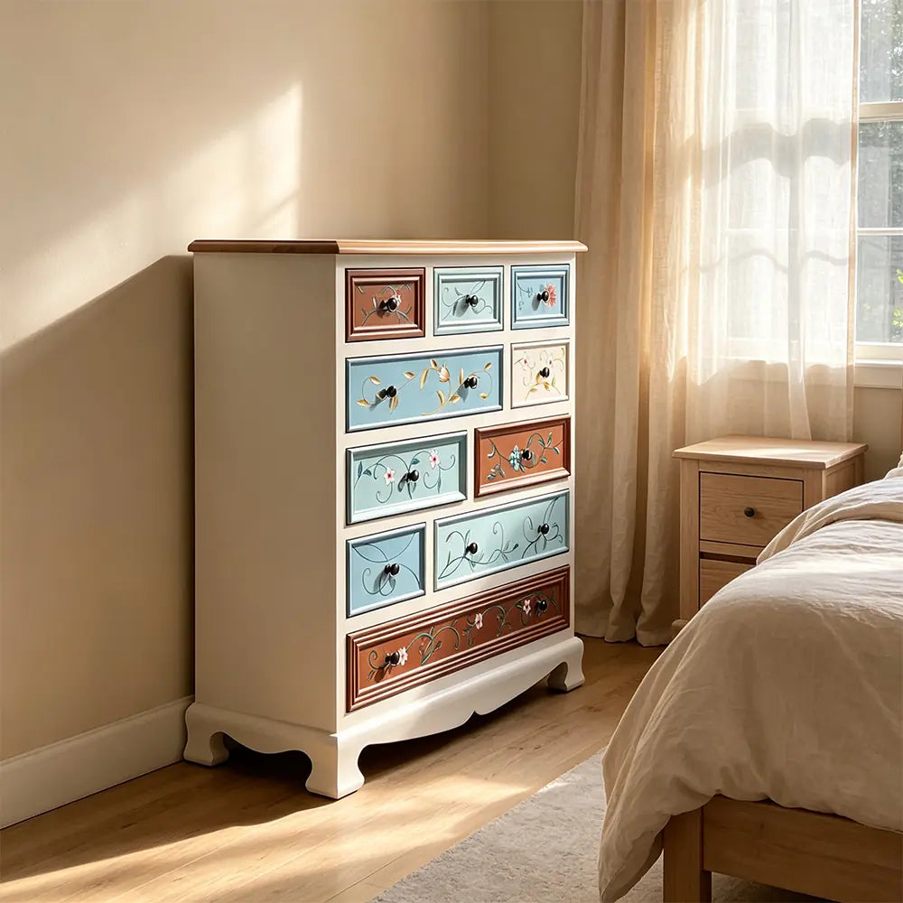 LIVARA 86cm 10-Drawer Storage Cabinet - Vintage Colour Block Design with Solid Wood Handles for Living Room & Bedroom - White & Multi