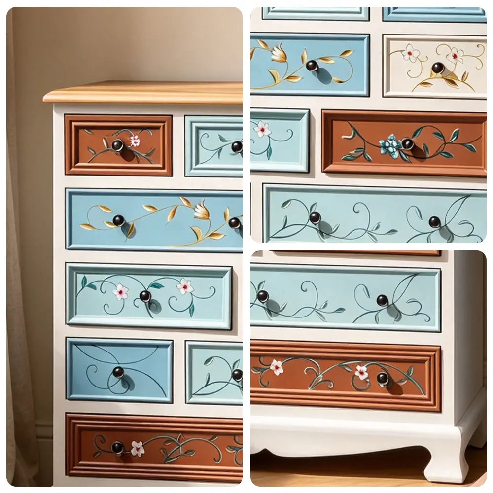 LIVARA 86cm 10-Drawer Storage Cabinet - Vintage Colour Block Design with Solid Wood Handles for Living Room & Bedroom - White & Multi