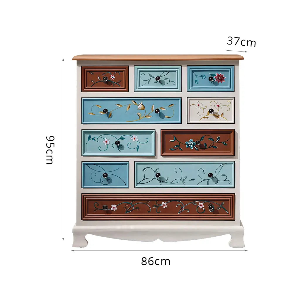 LIVARA 86cm 10-Drawer Storage Cabinet - Vintage Colour Block Design with Solid Wood Handles for Living Room & Bedroom - White & Multi