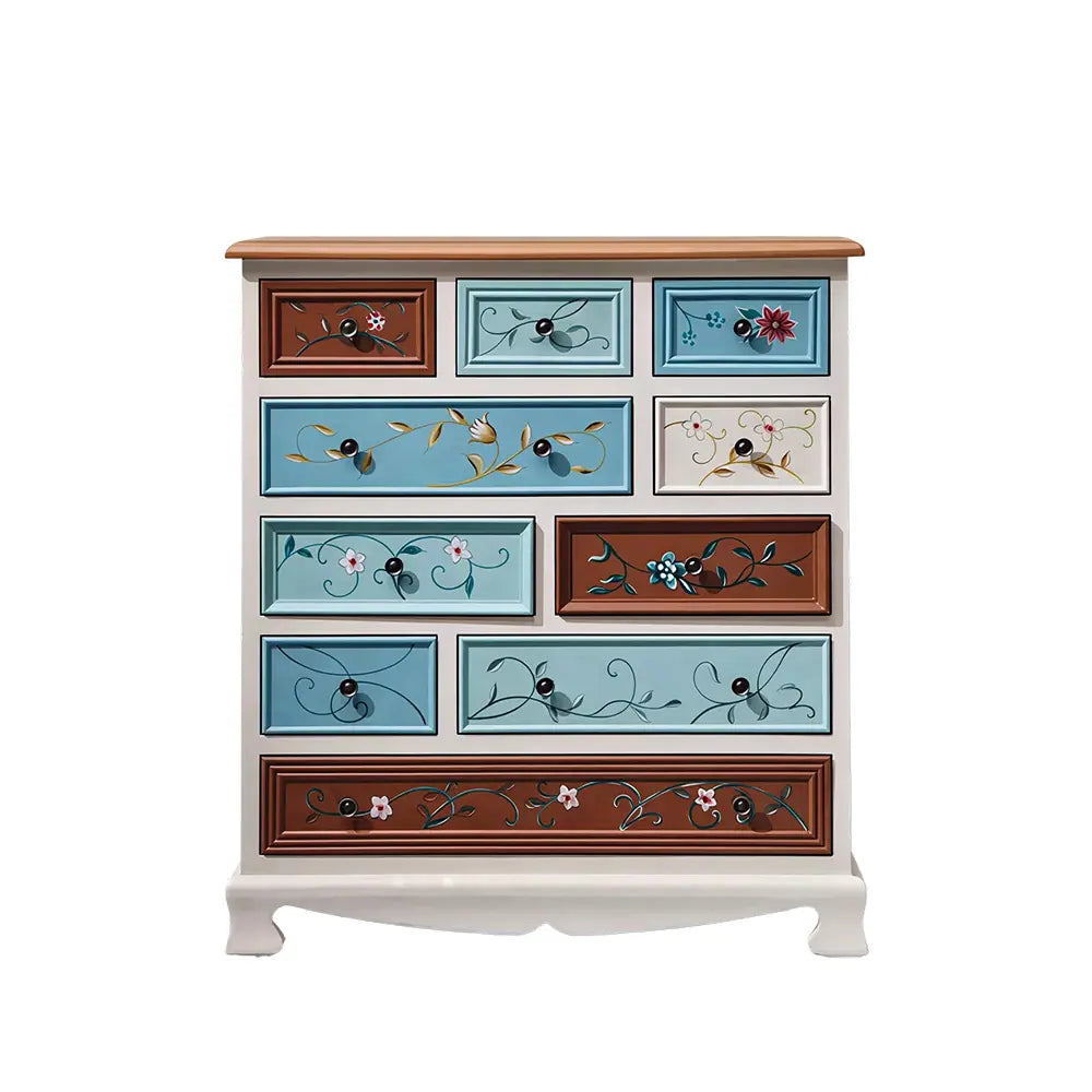 LIVARA 86cm 10-Drawer Storage Cabinet - Vintage Colour Block Design with Solid Wood Handles for Living Room & Bedroom - White & Multi