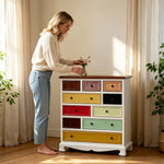 LIVARA 86cm 10-Drawer Storage Cabinet - Vintage Colour Block Design with Solid Wood Handles for Living Room & Bedroom - White