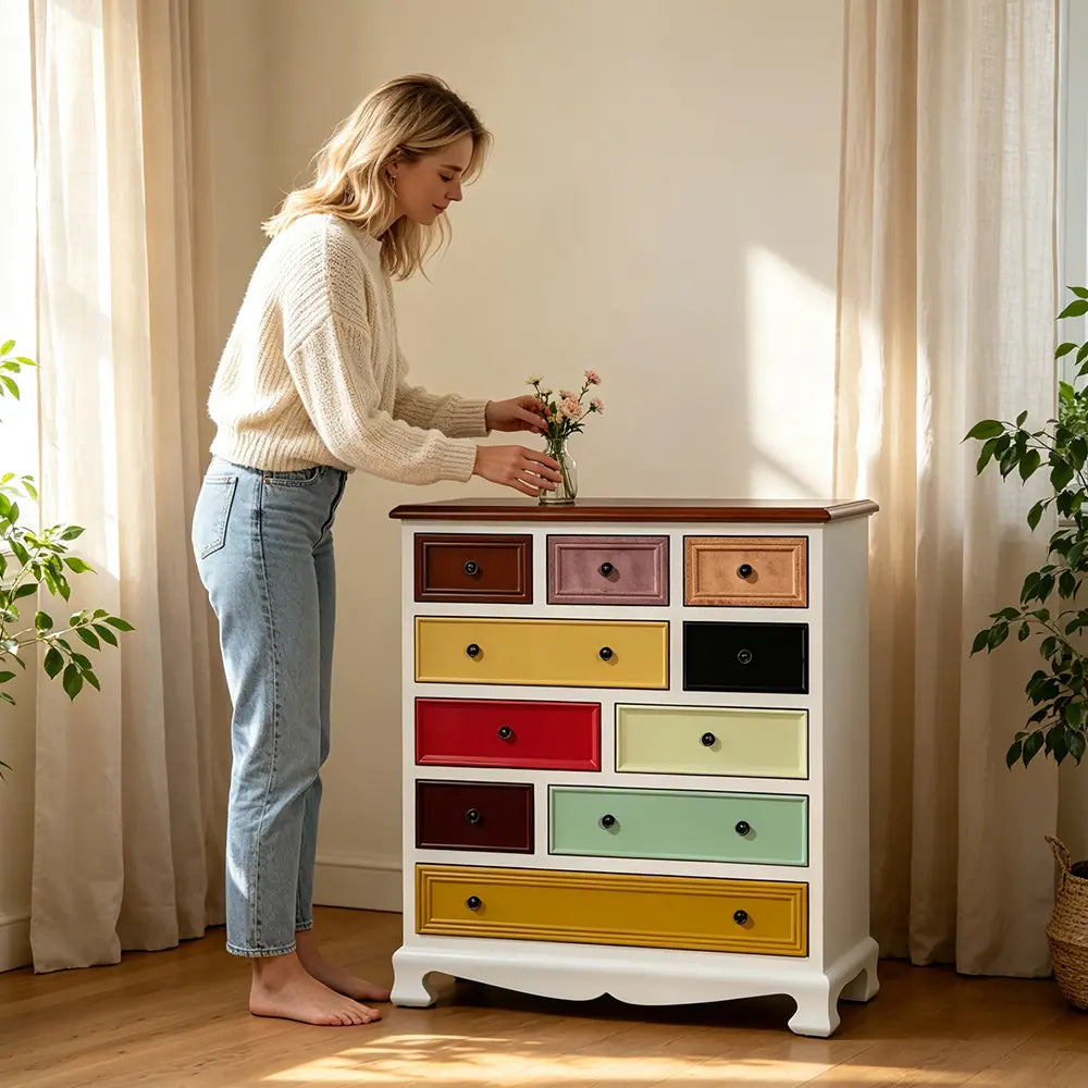 LIVARA 86cm 10-Drawer Storage Cabinet - Vintage Colour Block Design with Solid Wood Handles for Living Room & Bedroom - White