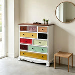 LIVARA 86cm 10-Drawer Storage Cabinet - Vintage Colour Block Design with Solid Wood Handles for Living Room & Bedroom - White