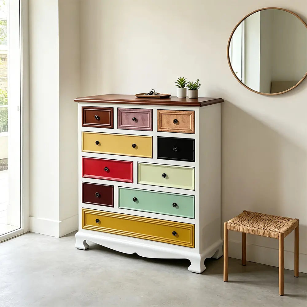 LIVARA 86cm 10-Drawer Storage Cabinet - Vintage Colour Block Design with Solid Wood Handles for Living Room & Bedroom - White