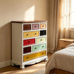 LIVARA 86cm 10-Drawer Storage Cabinet - Vintage Colour Block Design with Solid Wood Handles for Living Room & Bedroom - White