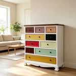 LIVARA 86cm 10-Drawer Storage Cabinet - Vintage Colour Block Design with Solid Wood Handles for Living Room & Bedroom - White