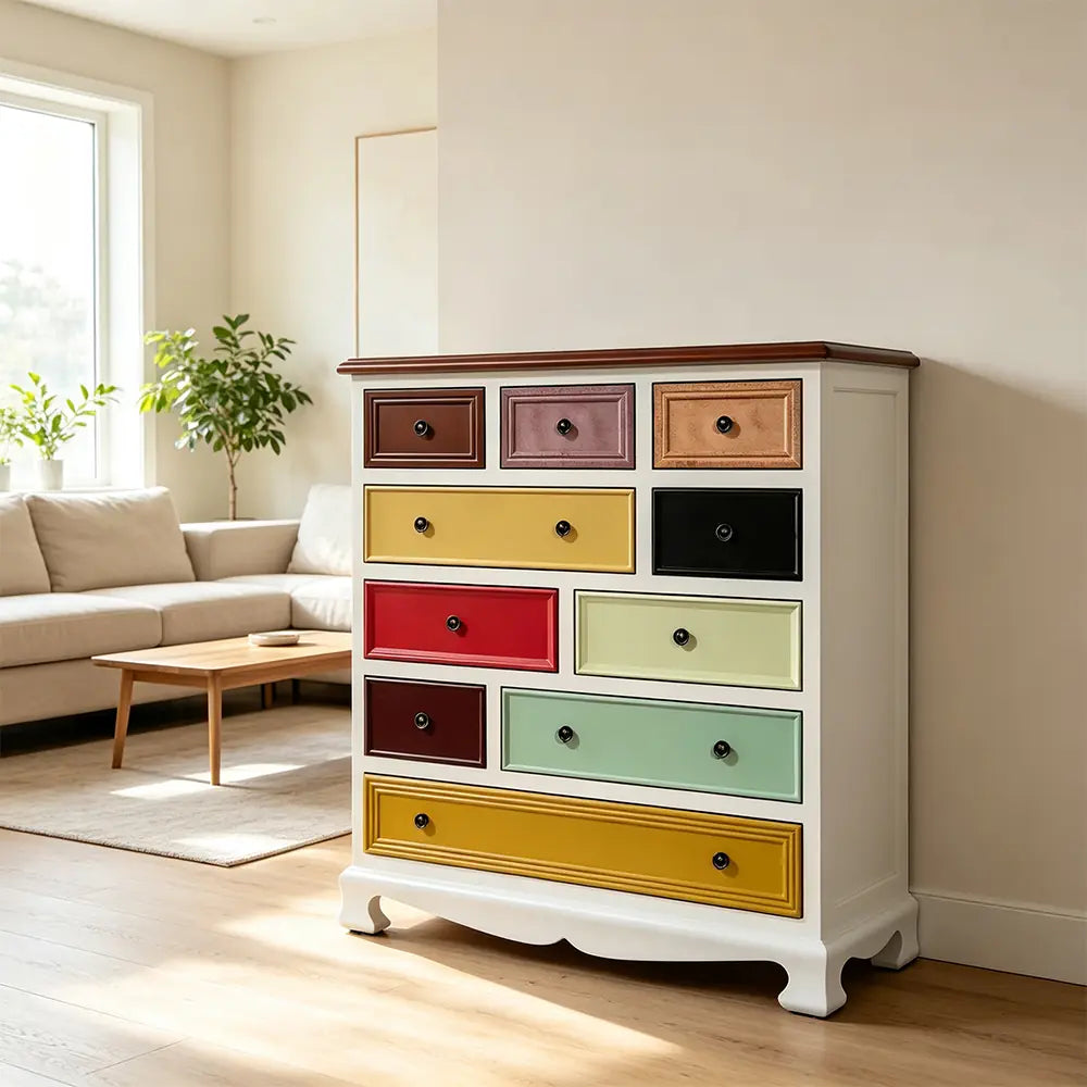 LIVARA 86cm 10-Drawer Storage Cabinet - Vintage Colour Block Design with Solid Wood Handles for Living Room & Bedroom - White