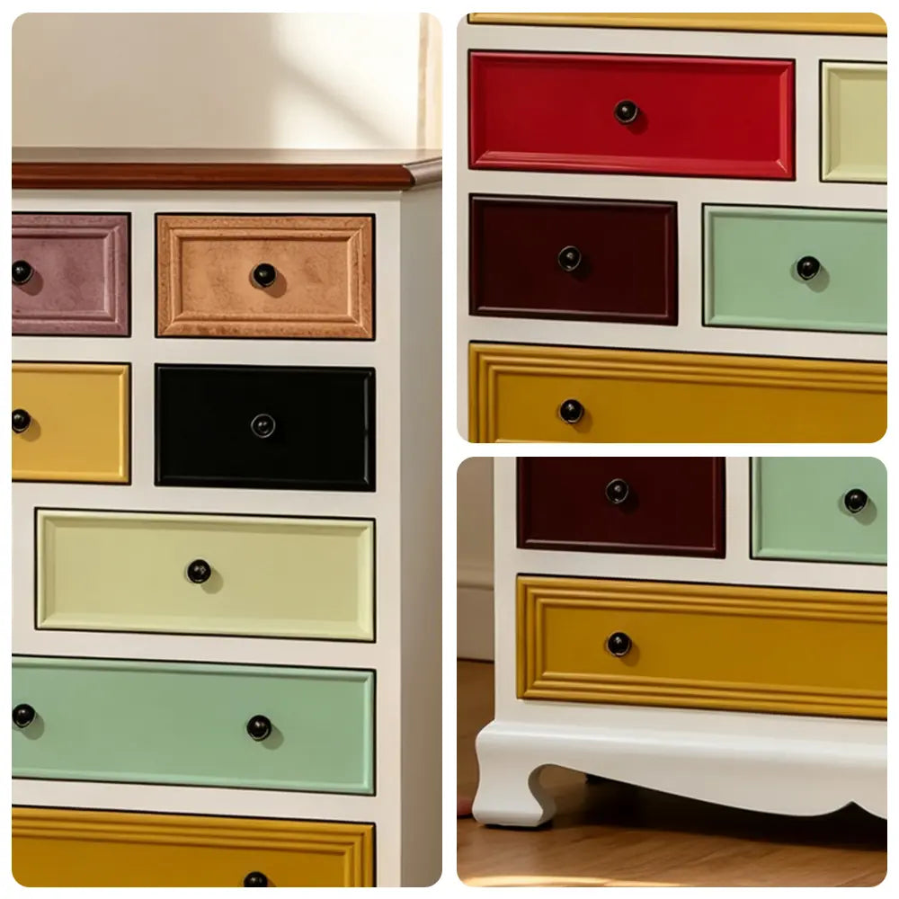 LIVARA 86cm 10-Drawer Storage Cabinet - Vintage Colour Block Design with Solid Wood Handles for Living Room & Bedroom - White