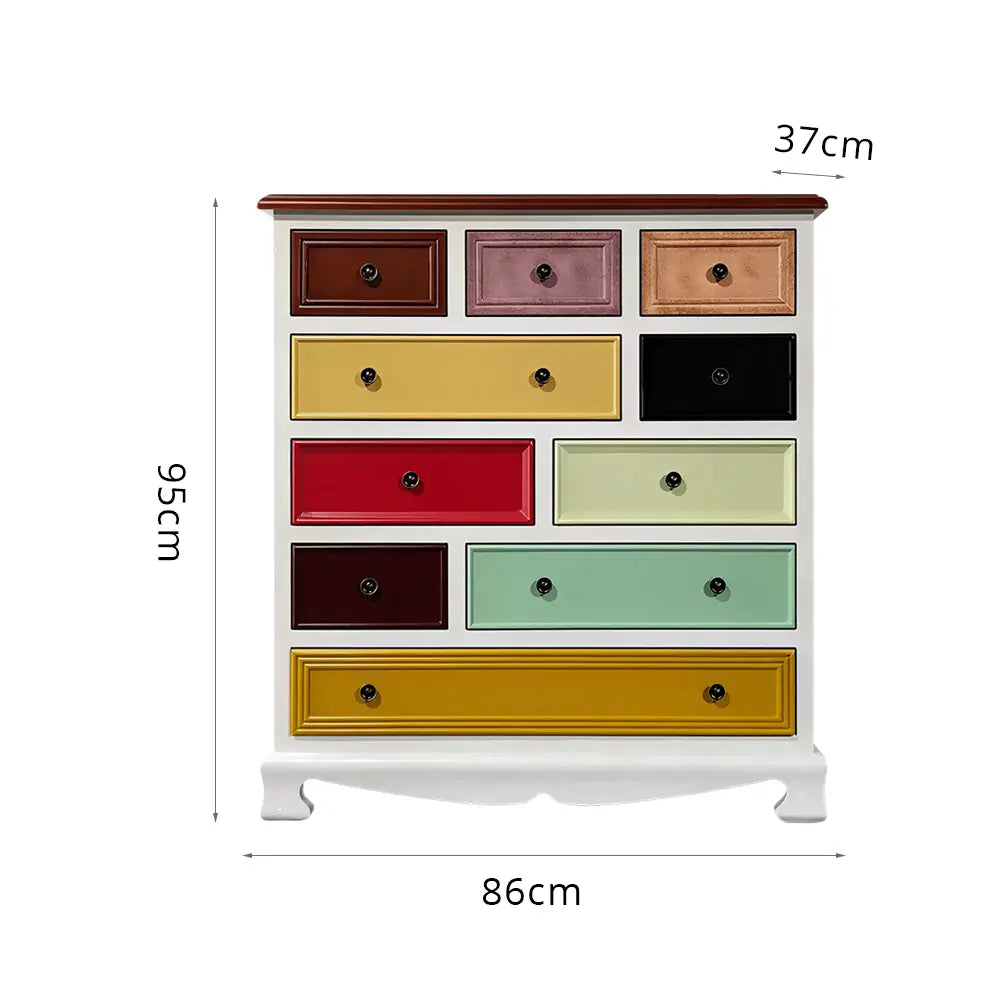 LIVARA 86cm 10-Drawer Storage Cabinet - Vintage Colour Block Design with Solid Wood Handles for Living Room & Bedroom - White