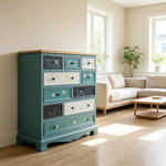 LIVARA 86cm 10-Drawer Storage Cabinet - Vintage Colour Block Design with Solid Wood Handles for Living Room & Bedroom - Blue