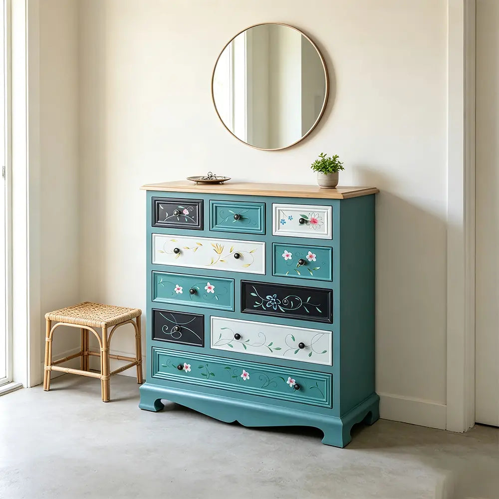 LIVARA 86cm 10-Drawer Storage Cabinet - Vintage Colour Block Design with Solid Wood Handles for Living Room & Bedroom - Blue