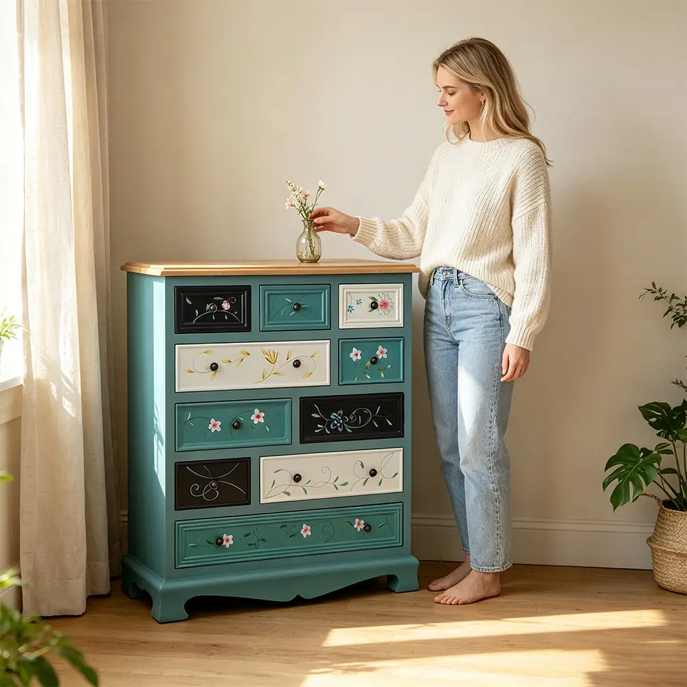 LIVARA 86cm 10-Drawer Storage Cabinet - Vintage Colour Block Design with Solid Wood Handles for Living Room & Bedroom - Blue