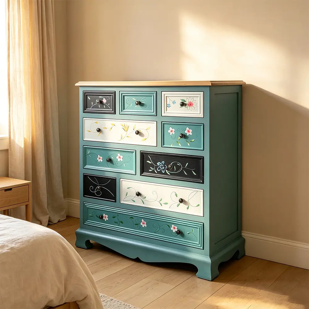 LIVARA 86cm 10-Drawer Storage Cabinet - Vintage Colour Block Design with Solid Wood Handles for Living Room & Bedroom - Blue