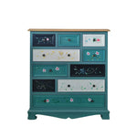 LIVARA 86cm 10-Drawer Storage Cabinet - Vintage Colour Block Design with Solid Wood Handles for Living Room & Bedroom - Blue